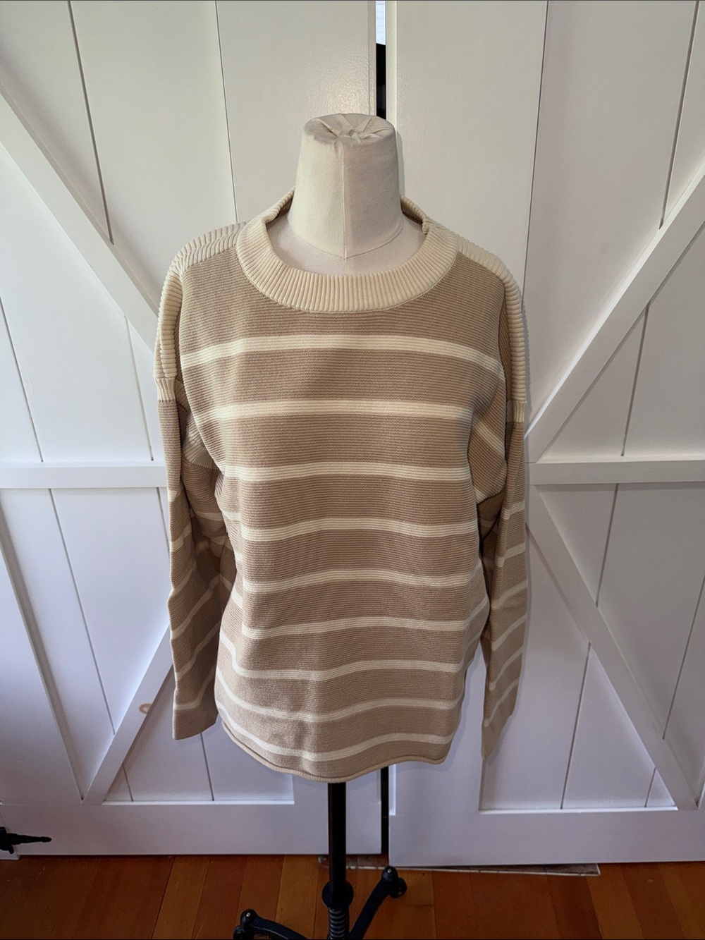 Baltic Born Cream and Beige Striped Crewneck Sweater
